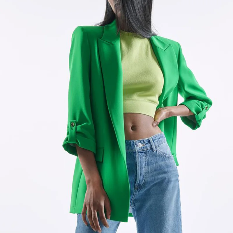 Fashion Casual Loose Notched Blazers Women Elegant Green Rollable Sleeve Jackets Women Spring Pockets Straight Suits Ladies