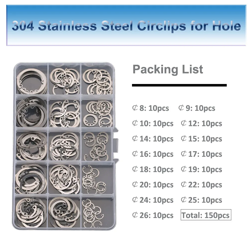 

150pcs/lot Internal Circlips Set C-type Elastic Open Circlip Large Diameter Snap Rings for Holes Flexible Retaining Circles