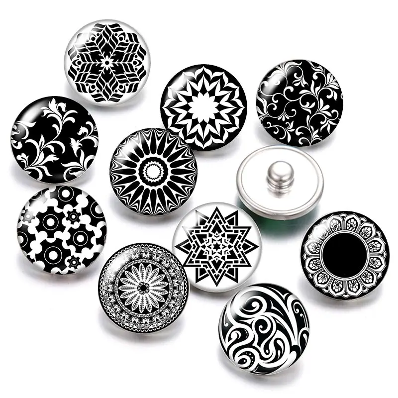 DB0462 Black pattern flowers 10pcs Round 18mm photo glass cabochon snap buttons for snap jewelry snap becklace wholesale