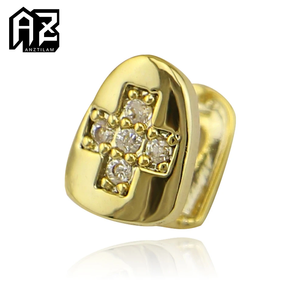 AZ Gold Silver Color Single Cross Iced Out Grillz Teeth Men Women Hip Hop Bling Tooth Grills Caps Fashion Jewelry