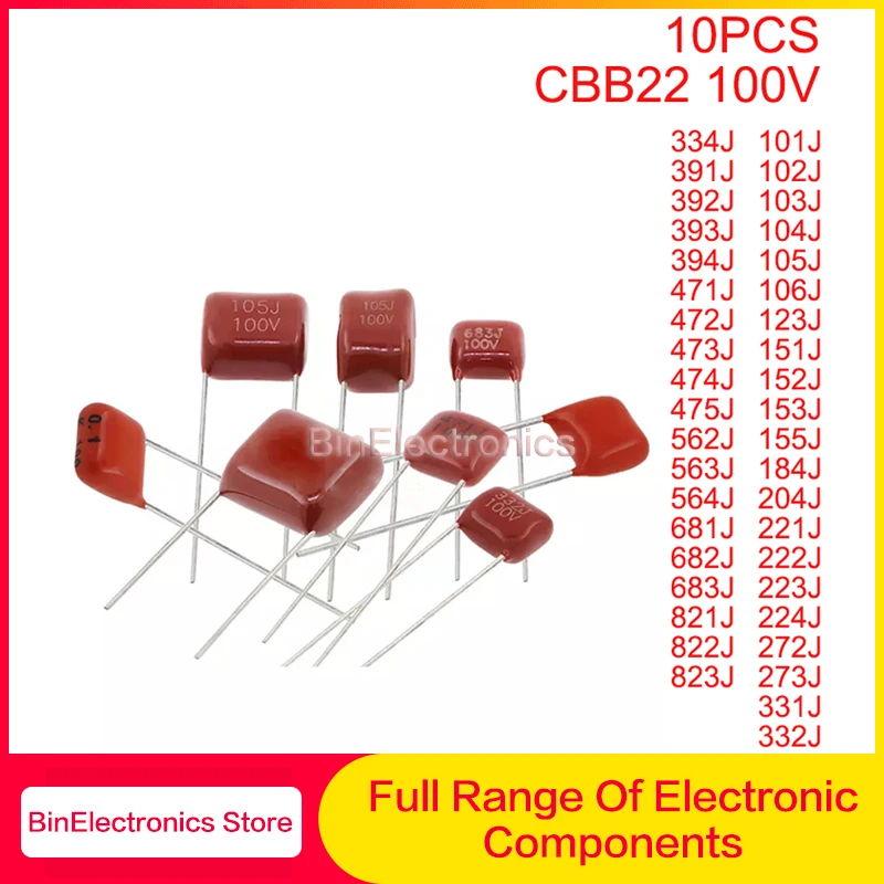 

10PCS CBB22 Metallized Polypropylene Film Capacitor 100V 101J~823J 102J 103J 104J 152J 221J 332J 334J 472J 474J 475J 564J 684J