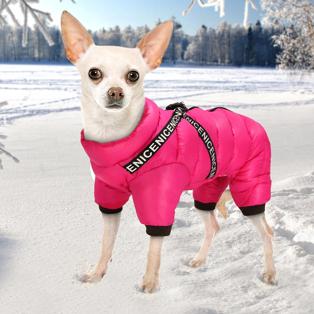 Warme Winter-Hundekleidung mit Geschirr, dicker Baumwoll-Hundemantel, Daunenjacke, Haustierkleidung, Outfit für kleine und mittelgroße Hunde, Chihuahua – Detail 15