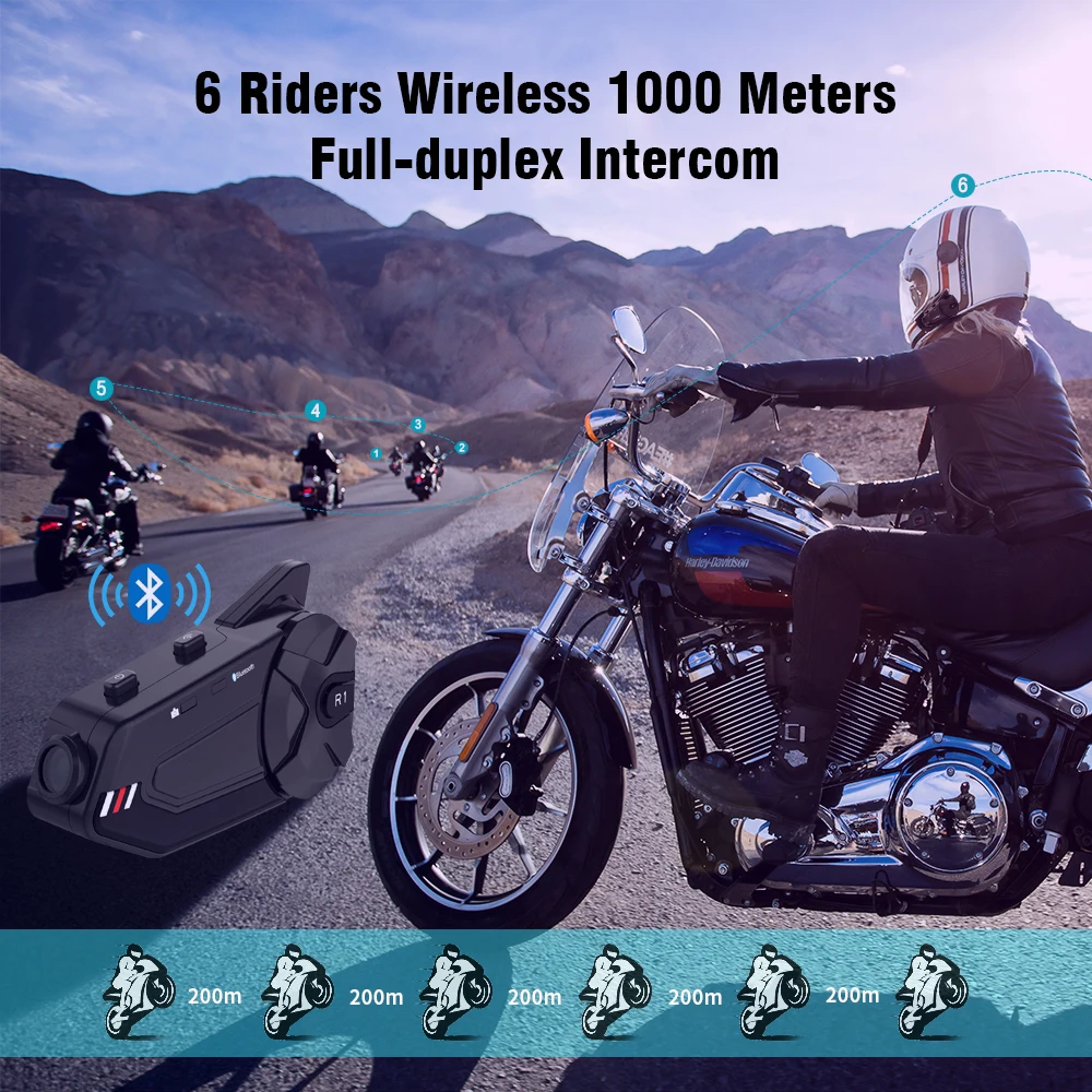 

Bluetooth Wifi Motorcycle Camera Riding Recorder Intercom Talking Up to 6 Person Video Angle 120 Degrees Body Waterproof