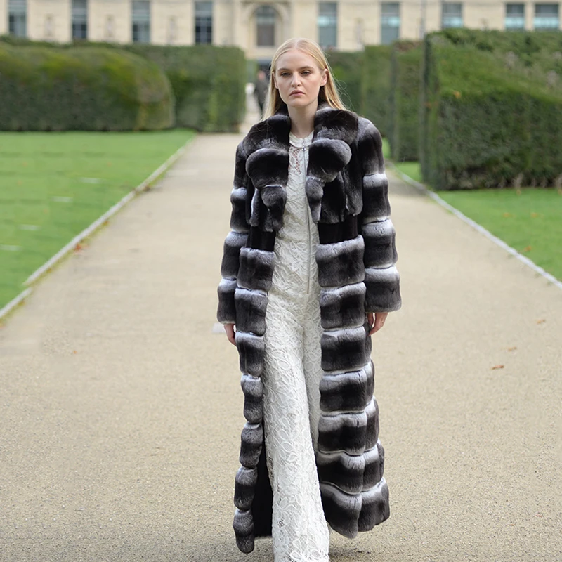 Ftangaiur New Winter Import Chinchilla Coat Turn-Down Collar Full Sleeve Loss Women Real Natural Color Chinchilla Fur Coats