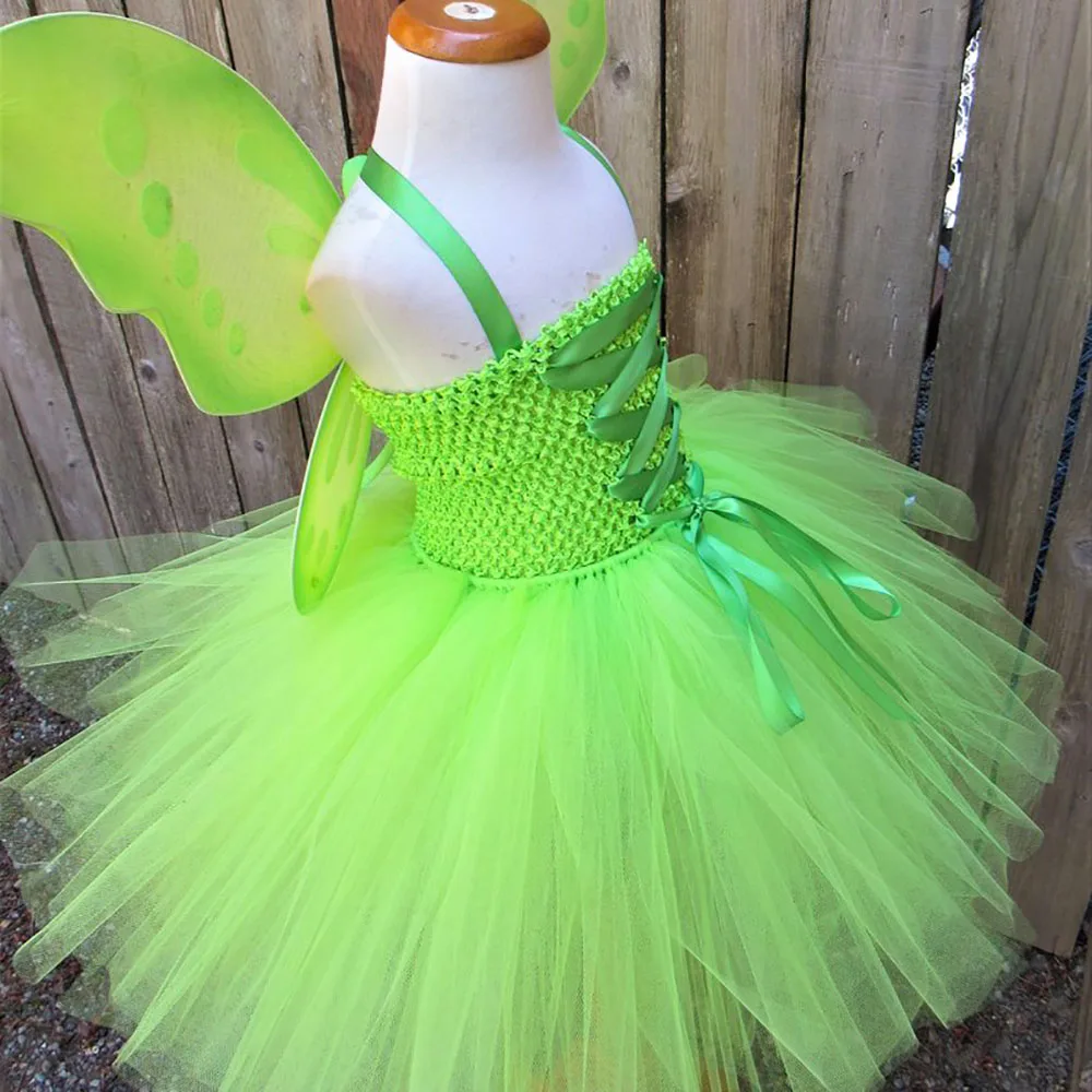 Girls Green Butterfly Fairy Tutu Dress Kids Crochet Tulle Dress with Ribbon and Wing Set Children Birthday Party Costume Dresses