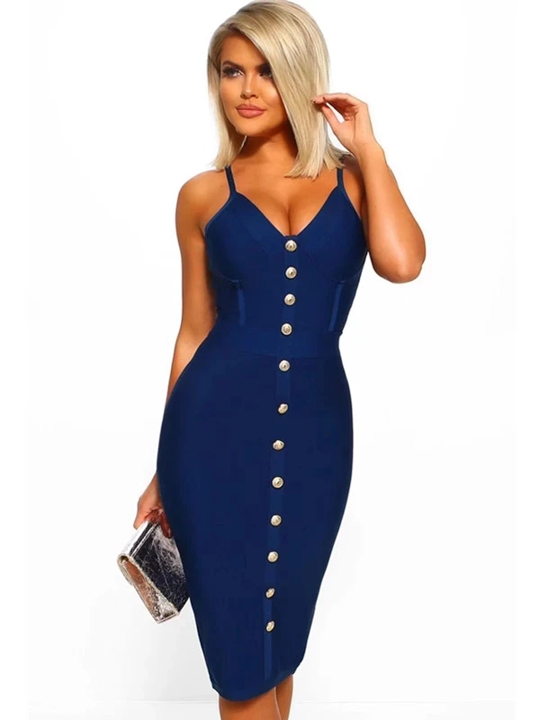 Imagem -03 - Verão Novo Vestido Feminino Bandage Cinta de Espaguete Profundo Decote em v Botão de Ouro Sexy Elegante Clube Bodycon Festa Vestidos Senhora 2023