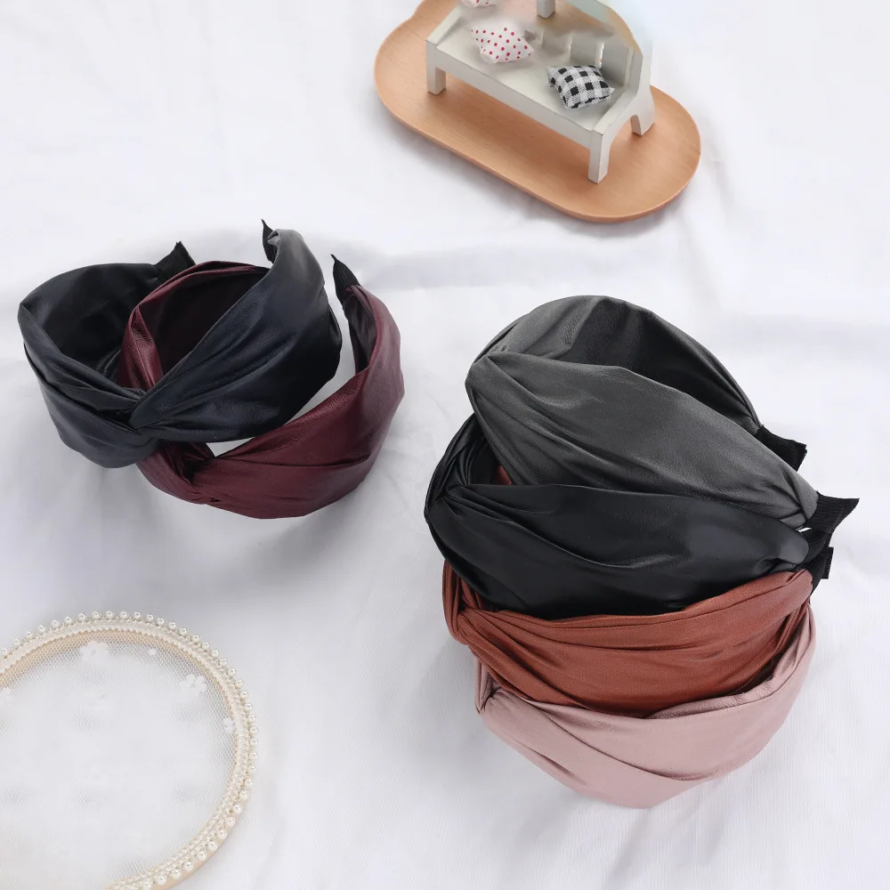 New Fashion European and American Simple ins Solid headband cross-gloss PU leather Hairpin for girl Women Hair Accessory