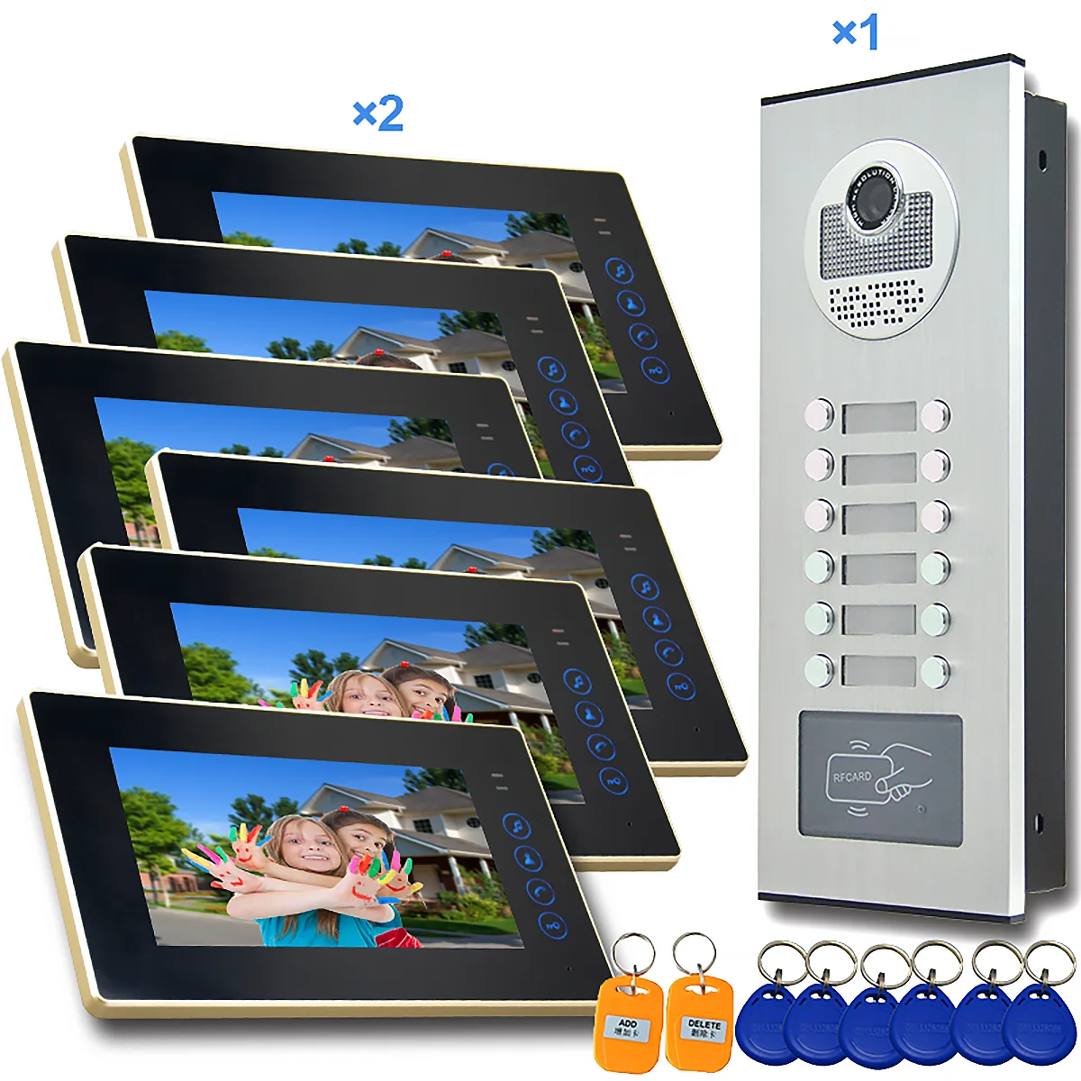 7 Inch Video Door Intercom Multi-apartment System 12 Units Apartment Video doorbell Kits with RFID Keyfobs IR night Camera