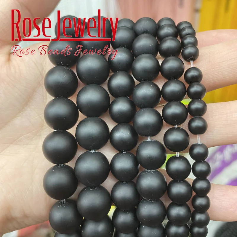 Dull Polished Natural Black Agates Beads Matte Black Onyx Round Stone Beads For Jewelry Making DIY Bracelets 4 6 8 10 12mm 15''