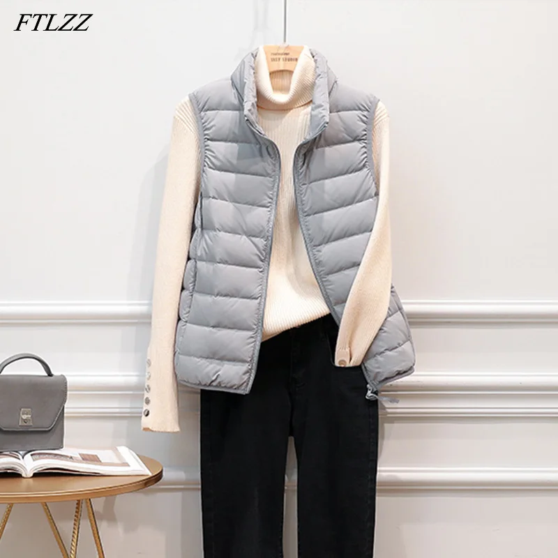 FTLZZ  Autumn Winter Ultra Light Down Vest Jacket Women Windbreak Sleeveless Short Coat  3XL White Duck Down Waistcoat