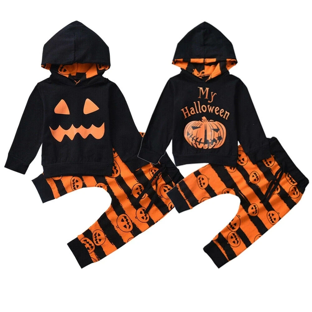 Criança abóbora bebê halloween conjunto roupas criança infantil menina menino impressão com capuz moletom up stripe pant cosplay traje