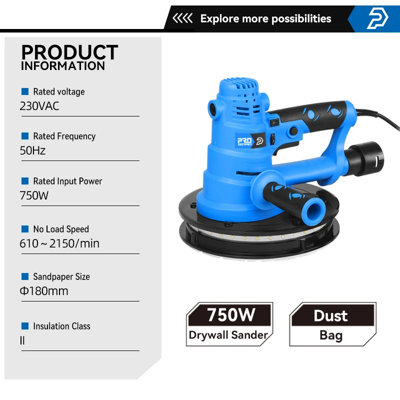 750W Drywall Sander 230V Wall Polishing Machine Grinding Portable Led Light Wall Putty Polisher Machine By PROSTORMER