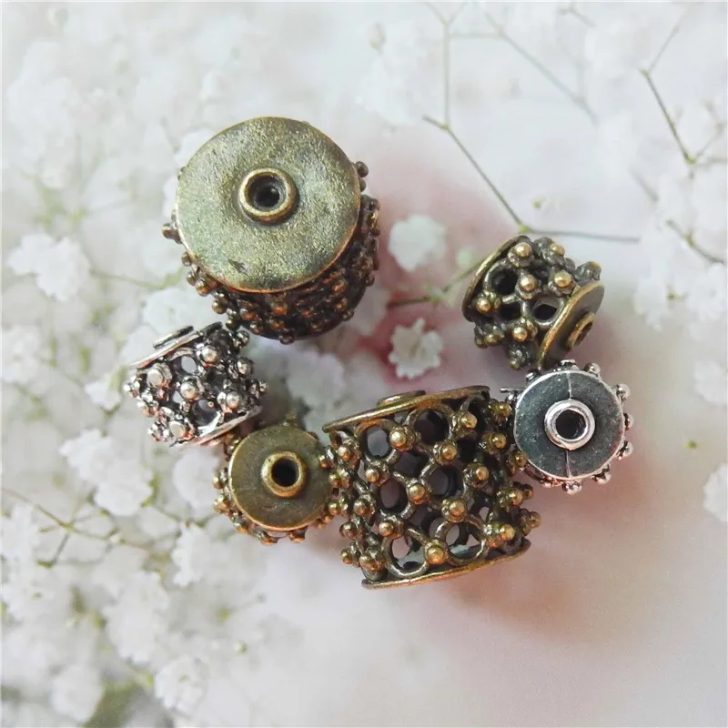 Julie Wang 6PCS Mixed Copper Drum Beads Vintage Punk Hollow Roller Spacer Beads Findings Bracelet Jewelry Making Accessory