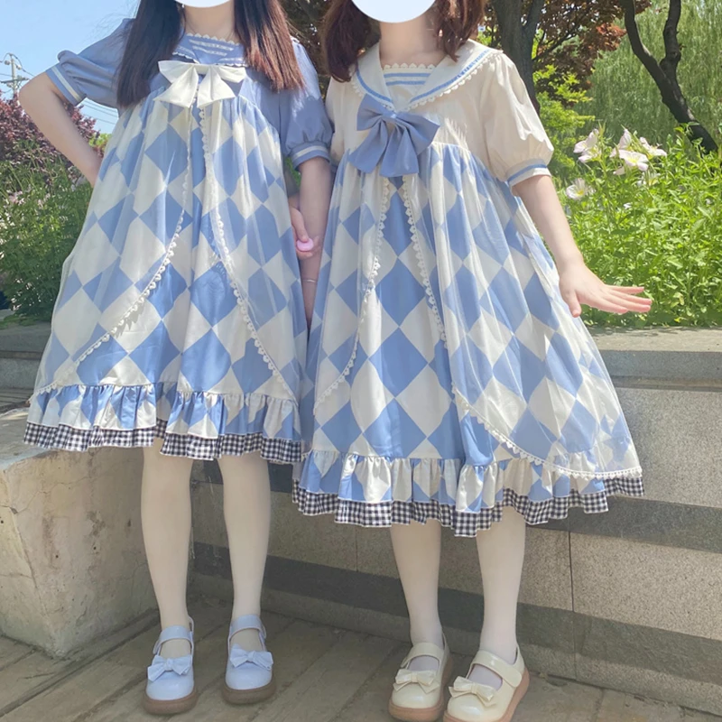 Girl Lolita Navy Collar OP Short-sleeved Pod Dress Blue Cute Ruffled Japanese Bow Kawaii Sweet Uniform Daily Kawaii Dress