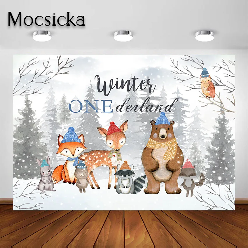 Mocsicka-冬のオランダの背景、最初の誕生日パーティー、雪片、森の動物、誕生日パーティーの装飾、写真撮影の背景