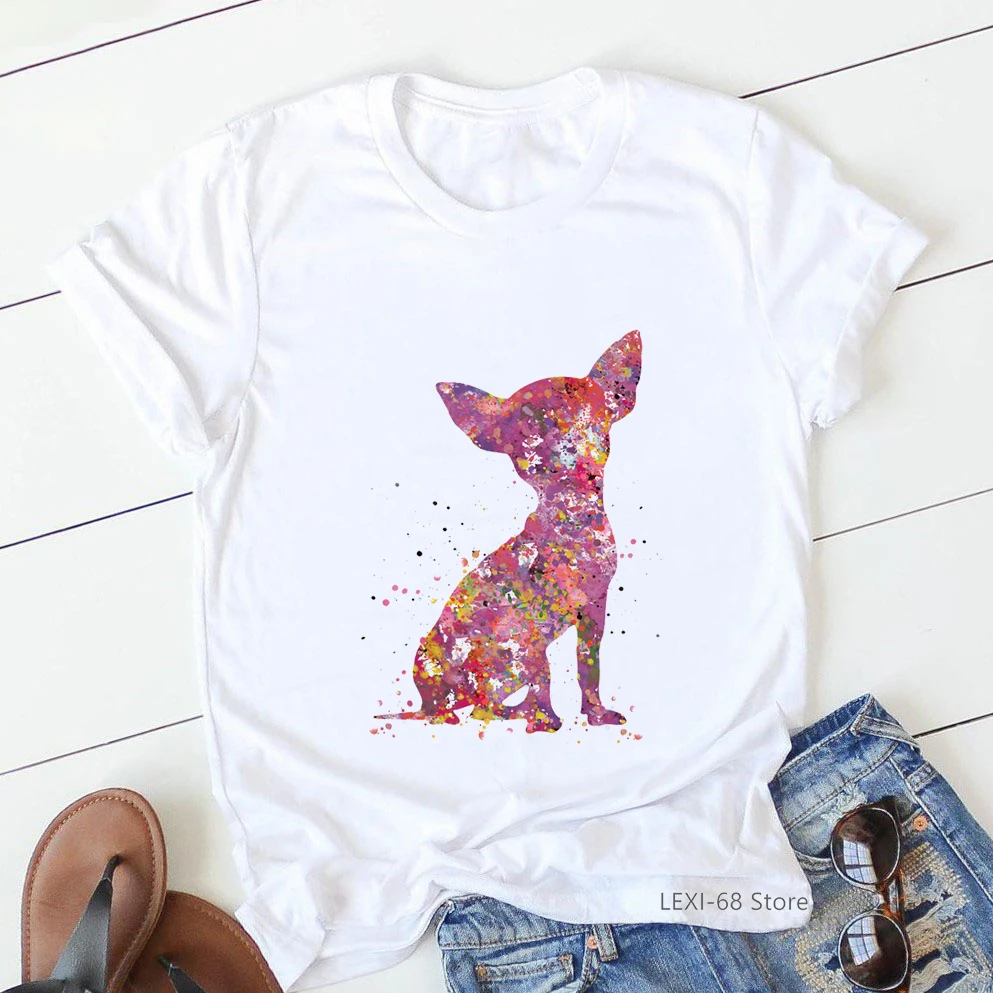 Chihuahua Dog Watercolor Print T-Shirt Women Clothes 2024 Funny Tshirt Femme Harajuku Kawaii Clothes T Shirt Female Tops