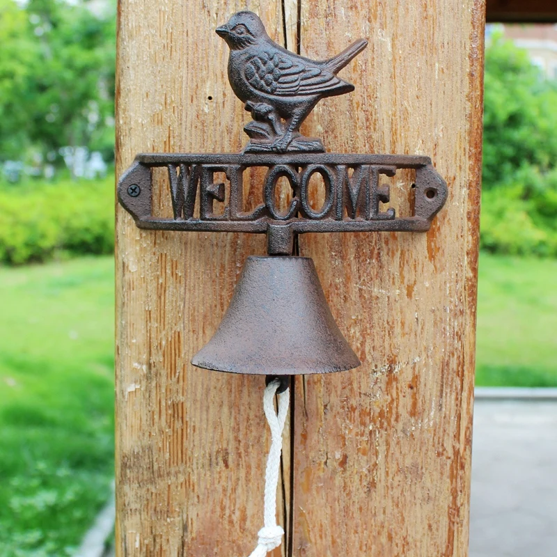 Rustic Cast Iron Bird Wall Mounted Bell With Arc Welcome Signs For Countryside Home Garden Decoration Hand Cranking Ring