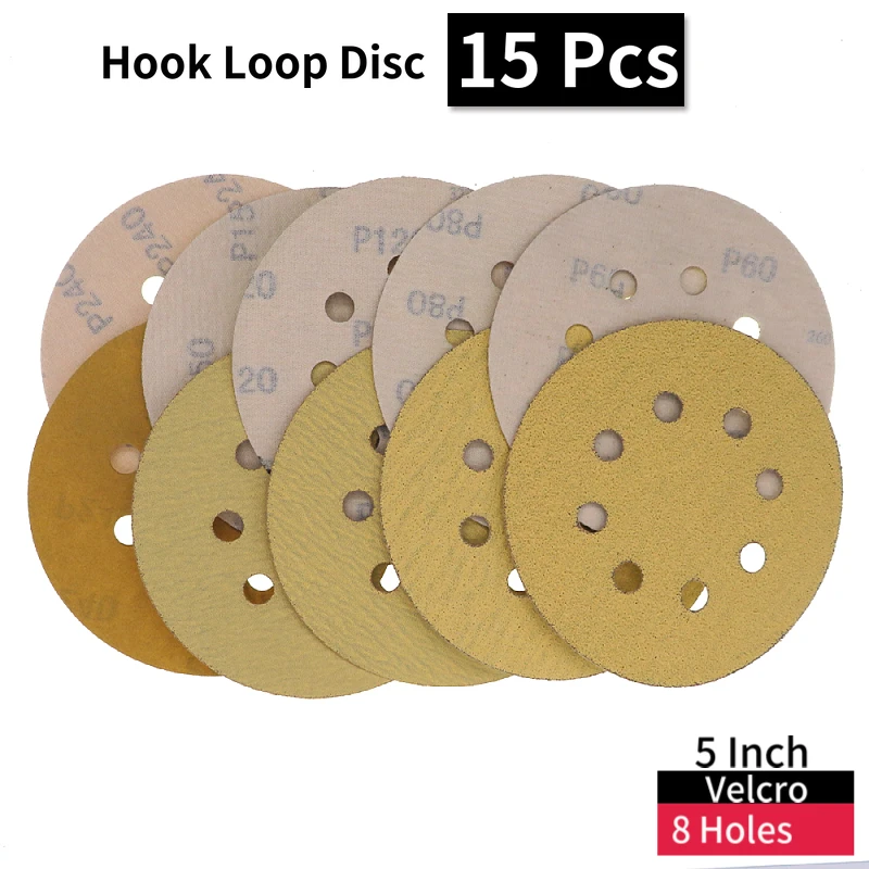 

5 Inch 125mm 8 Holes Aluminium Oxide Dry Wet 60 to 1000 Grits Hook and Loop Sandpaper Sanding Disc for Polishing Metal & Auto