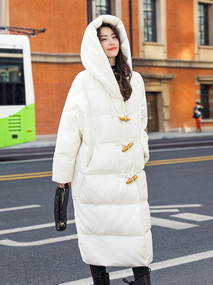 White over-the-knee Longer down jacket women 2021 winter new style Korean horn buckle hooded was thin thick warm coat WY423