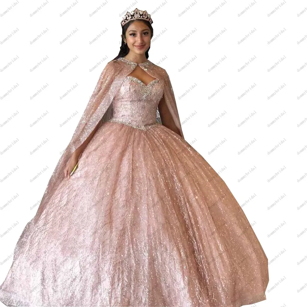 Sparkly Rose Gold Ballkleid Günstige Quinceanera Prom Kleider mit Cape Großen Schal Vestidos De 15 Anos Puffy Mexikanischen Charro