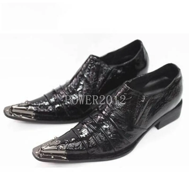 ntparker 2025 New vintage Rock Leather Man\'s Leather Shoes Personality Pointed Metal Toe Black Leather Dress Shoes for man