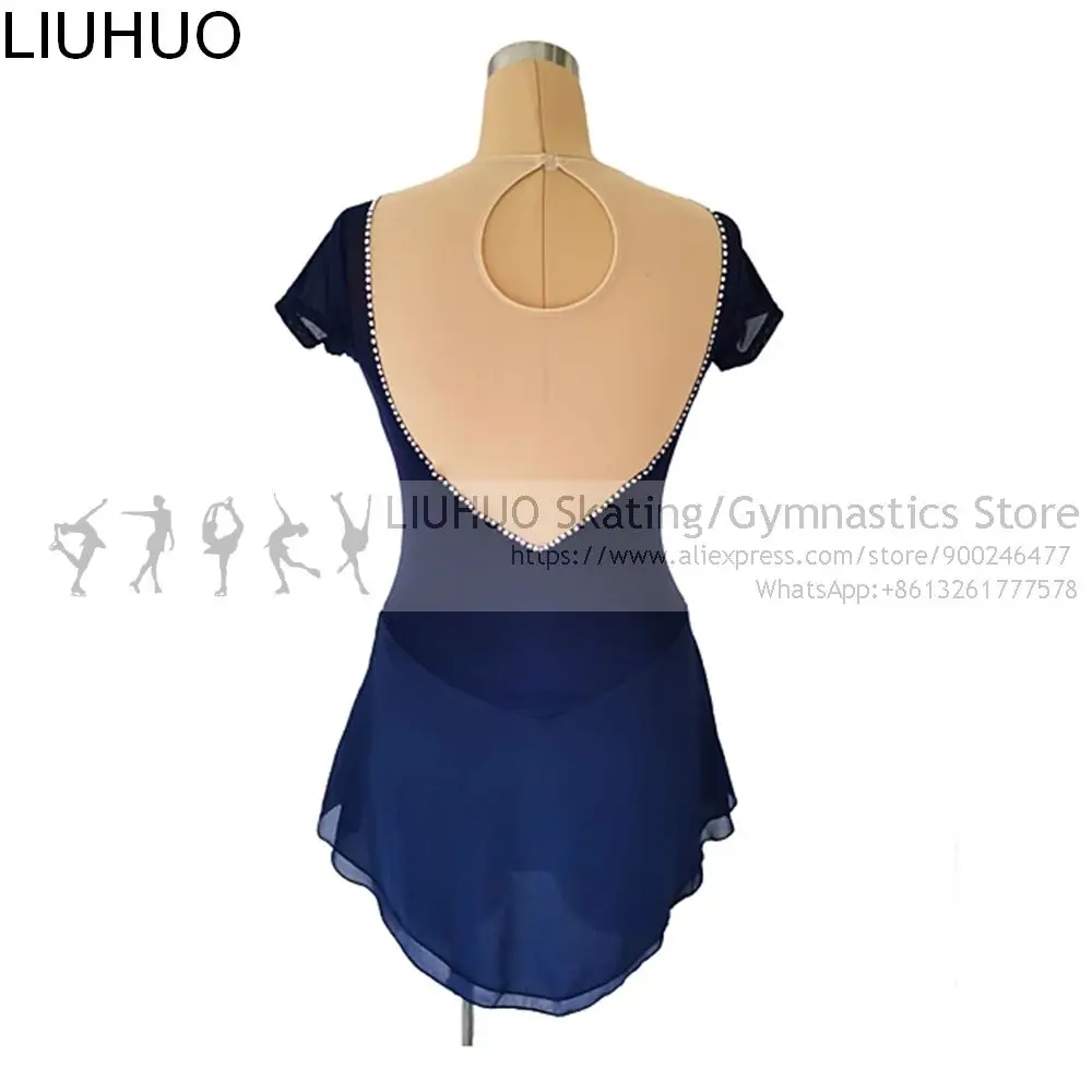 Ice Skating Dress Women's kids Dark blue Figure Skating Dress Competition Practise Dance Spandex Professional Skate Costumes