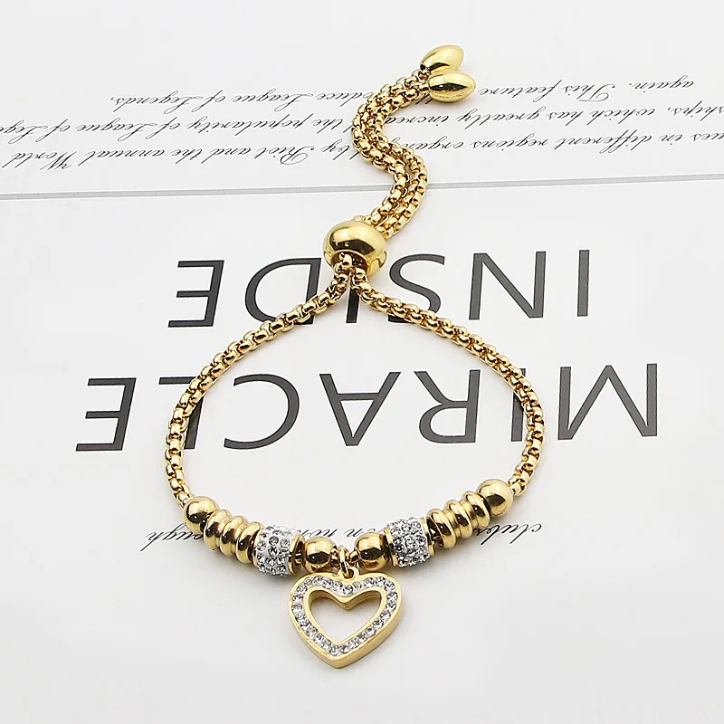 New Style Adjustable Size Heart Zircon Charm Bracelet Snake Chain Stainless Steel Women Bracelet Wedding jewelry Memorial Gift