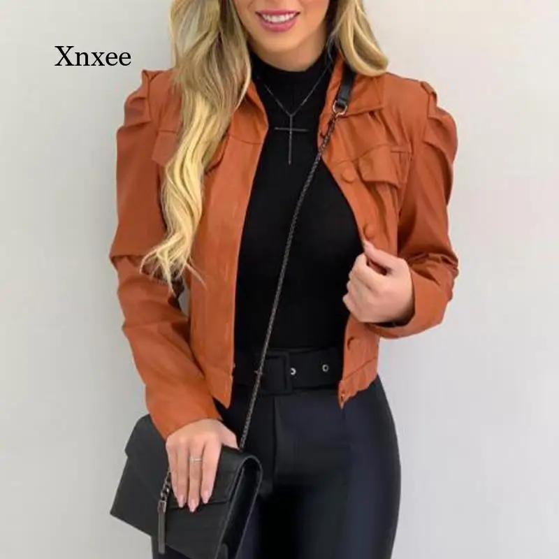 Women's Jacket Autumn Pu Leather Pleated Women's Short Jacket Long-Sleeved Lapel Single-Breasted Women's Jacket Pure Color Casua