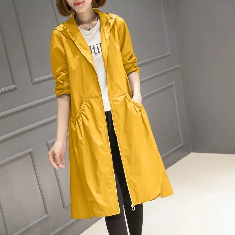 Women\'s Long Trench Coat Spring Autumn Solid Color Hooded Loose Straight Overcoat Big Size Female Elegant Vintage Windbreaker