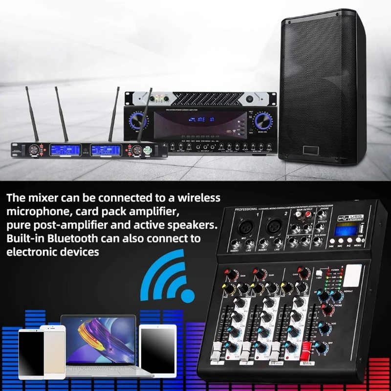 F4 4ช่องผสม Sound ผสมคอนโซลบลูทูธ USB 48V Phantom Power