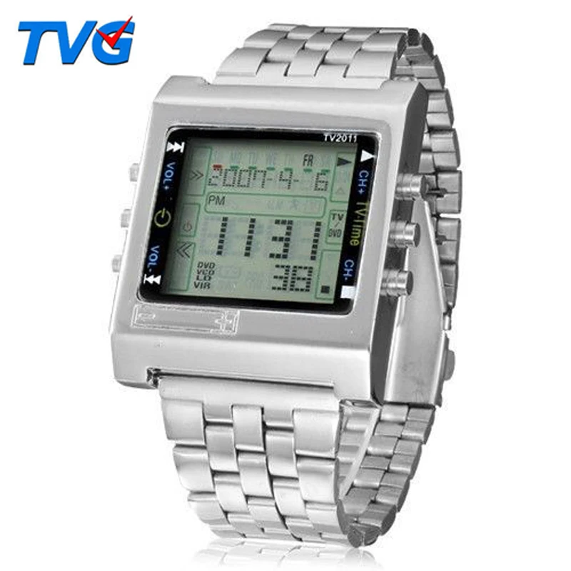 

TVG Luxury Brand Men Watches Rectangle Remote Control Digital Sport watch Alarm TV DVD remote Men Stainless Steel Wristwatch