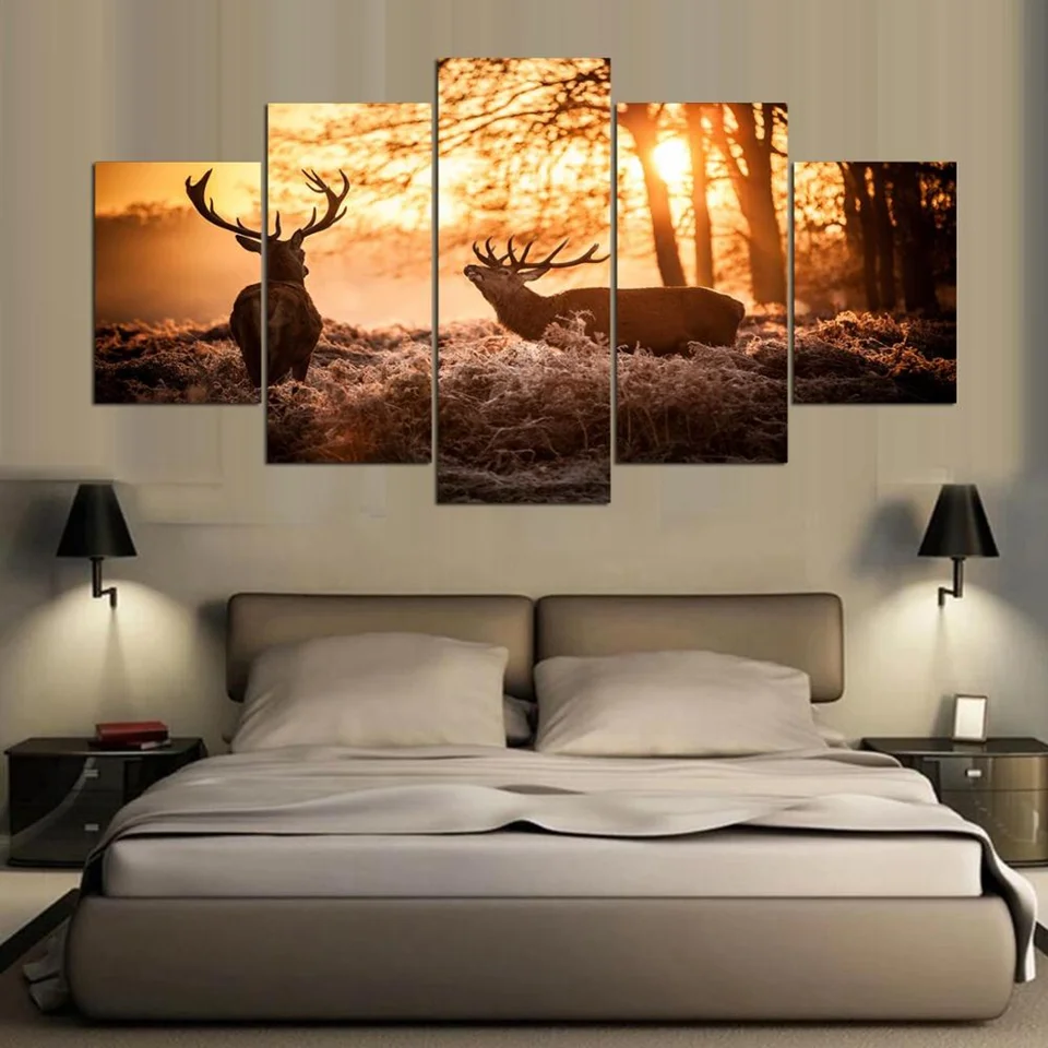 

Modern Frame Canvas Wall Art Pictures Living Room Decor 5 Pieces Animal Elk Sunset Nature Landscape HD Printed Posters Paintings