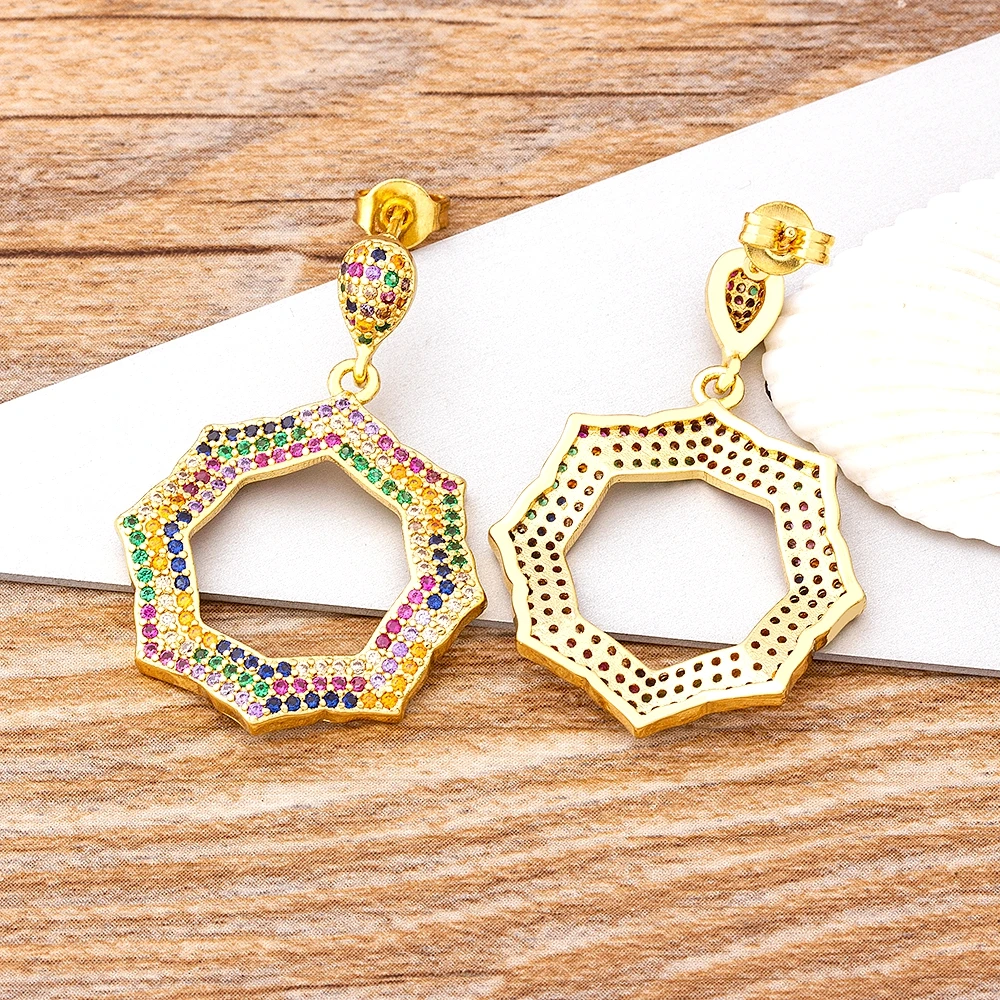 Nidin Luxury Boho Vintage Geometric Irregular Polygon Multicolor Copper CZ Drop Earrings for Woman Fashion Dangle Jewelry Gift