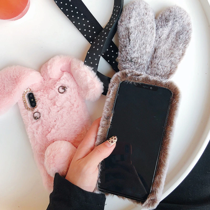 3d estéreo bonito dos desenhos animados coelho peludo caso de telefone para o iphone 14 13 12 11 pro max x xr xs 7 8 plus se2020 capa crossbody cordão