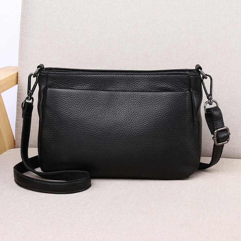 2 Zipper Leather Messenger Bag, Women Genuine Leather Shoulder Bag, Casual 100% Natural Cow Skin Cross-body Shoulder Bag