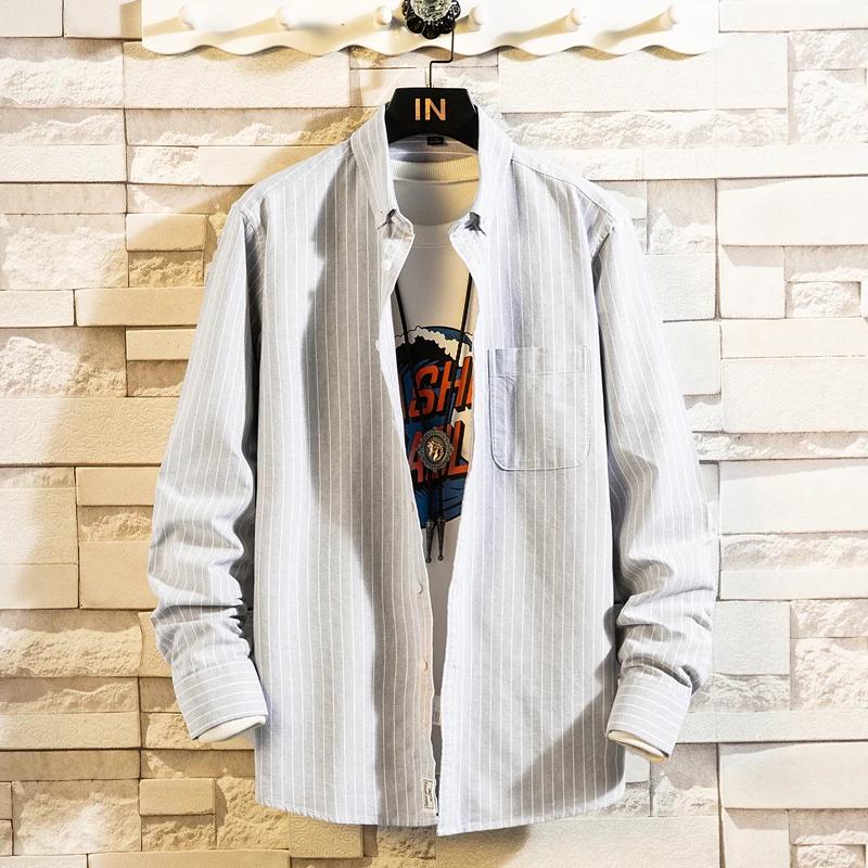 Men's clothing Long sleeve man shirts Cotton clothes Lattice shirt Korean clothing  men's fashion Beach Oxford Stripe shirt Top