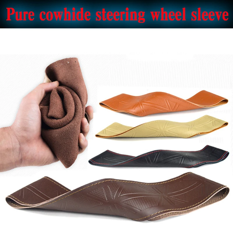 Top Layer Leather Braid Car Steering Wheel Cover Anti slip handsewn automobile steering wheel sleeve 38CM Interior Accessories