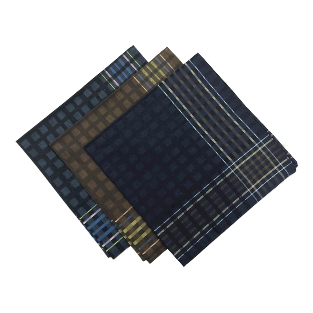 3x Men\'s Plaid Handkerchiefs Cotton Party Square Hankies 16x16\