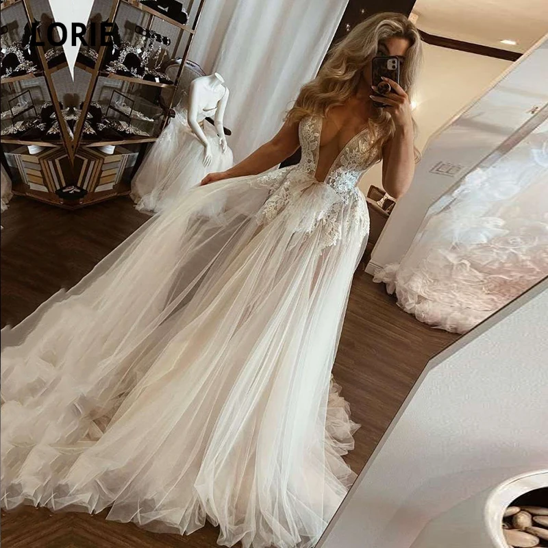 

LORIE Sexy Wedding Dress Beach Appliques Lace A-Line Tulle Princess Bridal Dress Custom Made White Ivory Bohemian Wedding Gown