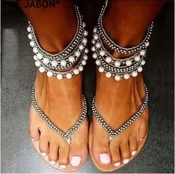 Women Pearl Boho Sandals Summer Shoes Flat Comfortable String Bead Slippers Casual Sandals Flipflop ankle strap rhinestone Shoes