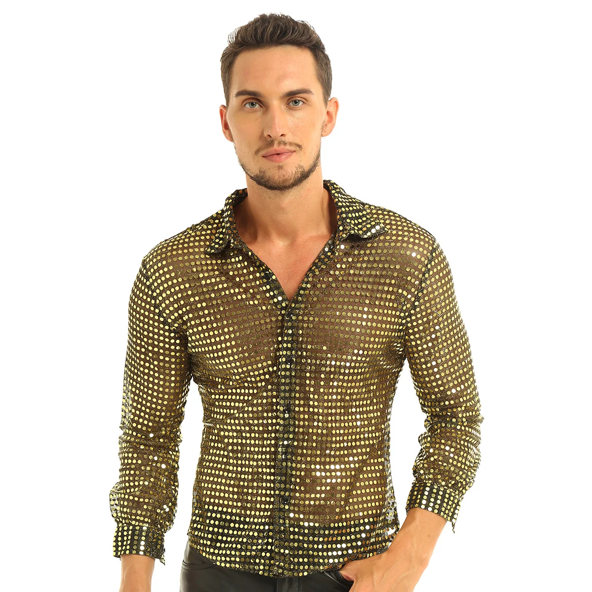 Mens Fashionable Shiny Shirt Top Costumes Sequins Seethru Mesh Long Sleeve Clubwear Dance Performance Top Shirt Fancy Clubwear