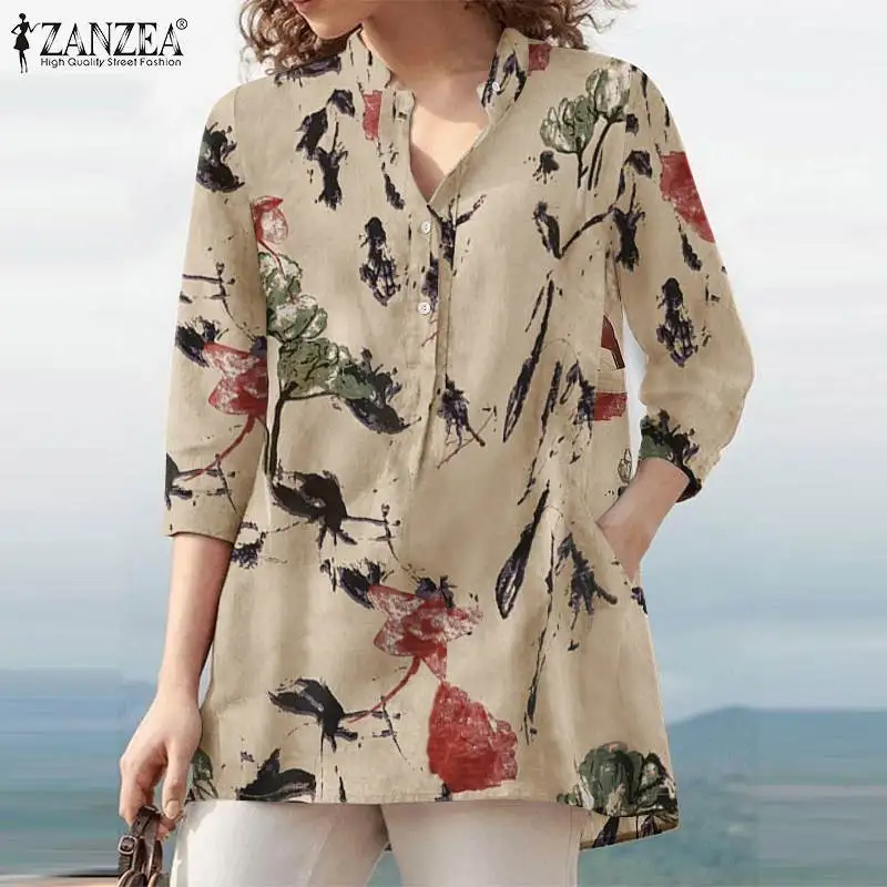 ZANZEA-Blusa con estampado Floral para mujer, camisa bohemia de manga 2023 para vacaciones, blusa informal para fiesta, 3/4