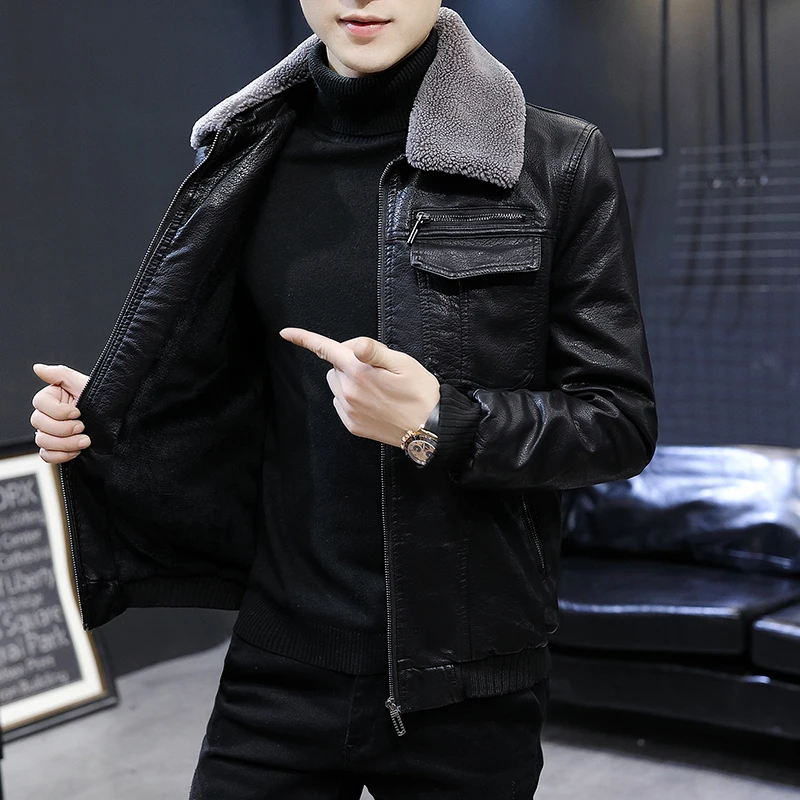 2021 Men Winter Leather Jacket Motorcycle Coat Lining With Velvet Stand Collar Air Force Casual Faux PU BlackWindbreaker S-4XL