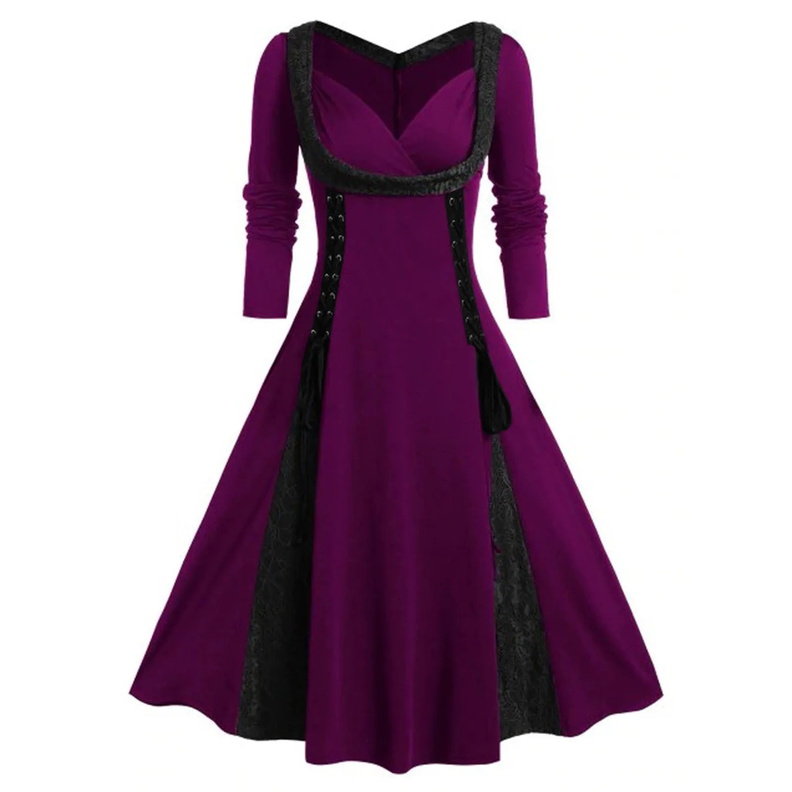 Vintage Women's Plus Size Dress Vestidos Gothic Lace Up Long Sleeved  Party Dress Ladies Lace Patchwork A Line Dress Robe 5XL