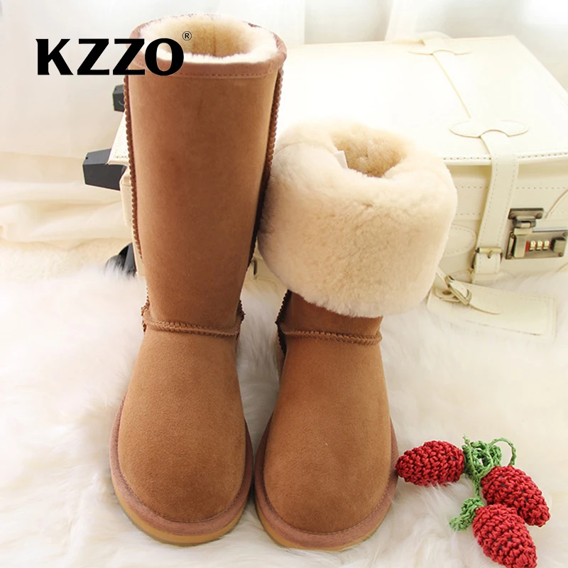 KZZO 100% Natural Wool Genuine Leather Knee-High Boots For Women Australia Classic Keep Warm Winter Outdoor Snow Boots Non-slip