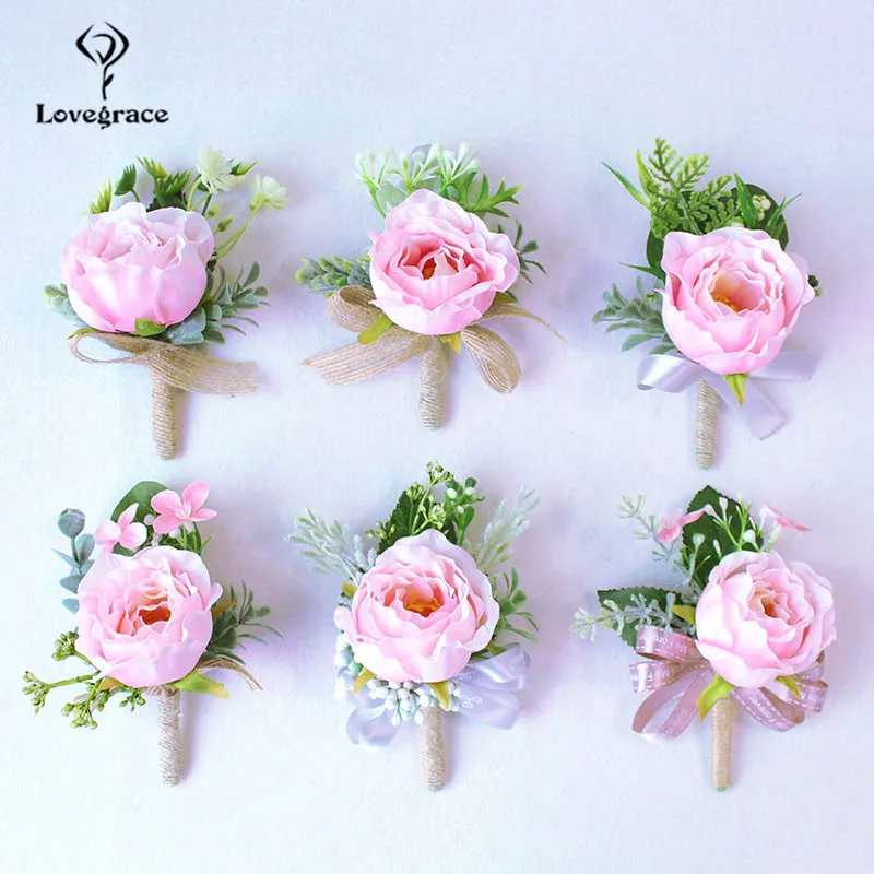 Lovegrace Groom Boutonniere Silk Roses White Pink Boutonniere Wedding Corsage Pin Wedding Witness Corsage Flower Man Accessories