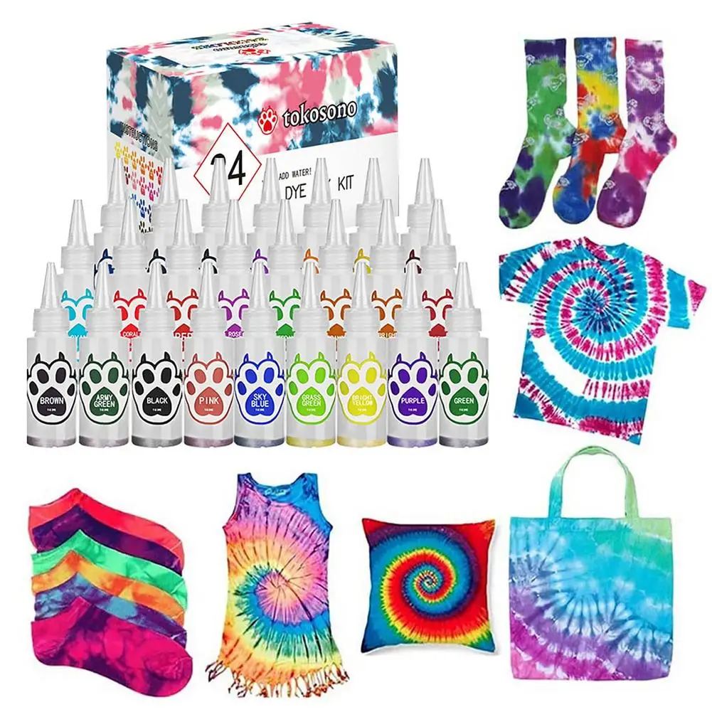 Tie Dye Kit 24 Colors DIY Garment Graffiti Fabric Textile Paint Rainbow Pigment Fabric Clothes Tie Dye Set