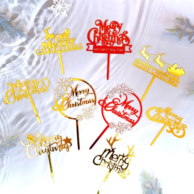 New Merry Christmas Cake Topper Golden Red Acrylic Santa Claus Happy Birthday Cake Topper For Kids Xmas party dessert Decoration
