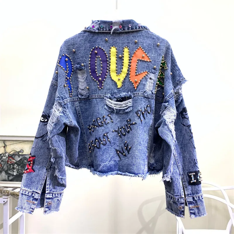 2024 New Autumn Women Denim Jacket Graffiti Alphabet Printing Color Beading Holes Jeans Jacket Casual Fashion Student Basic Coat