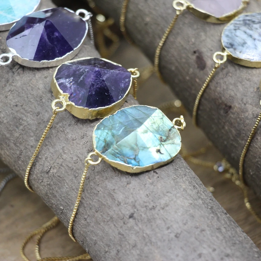 Labradorite Crystal Pyramid Brass Chains Adjustable Bracelet Amethysts Rose Quartzs Fashion Jewelry Dropship QC2030 image 2